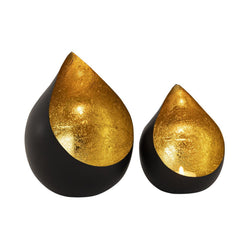 Candlestick set with 2 tealight holders Romy. Drop-shaped black matt and gold-plated inside